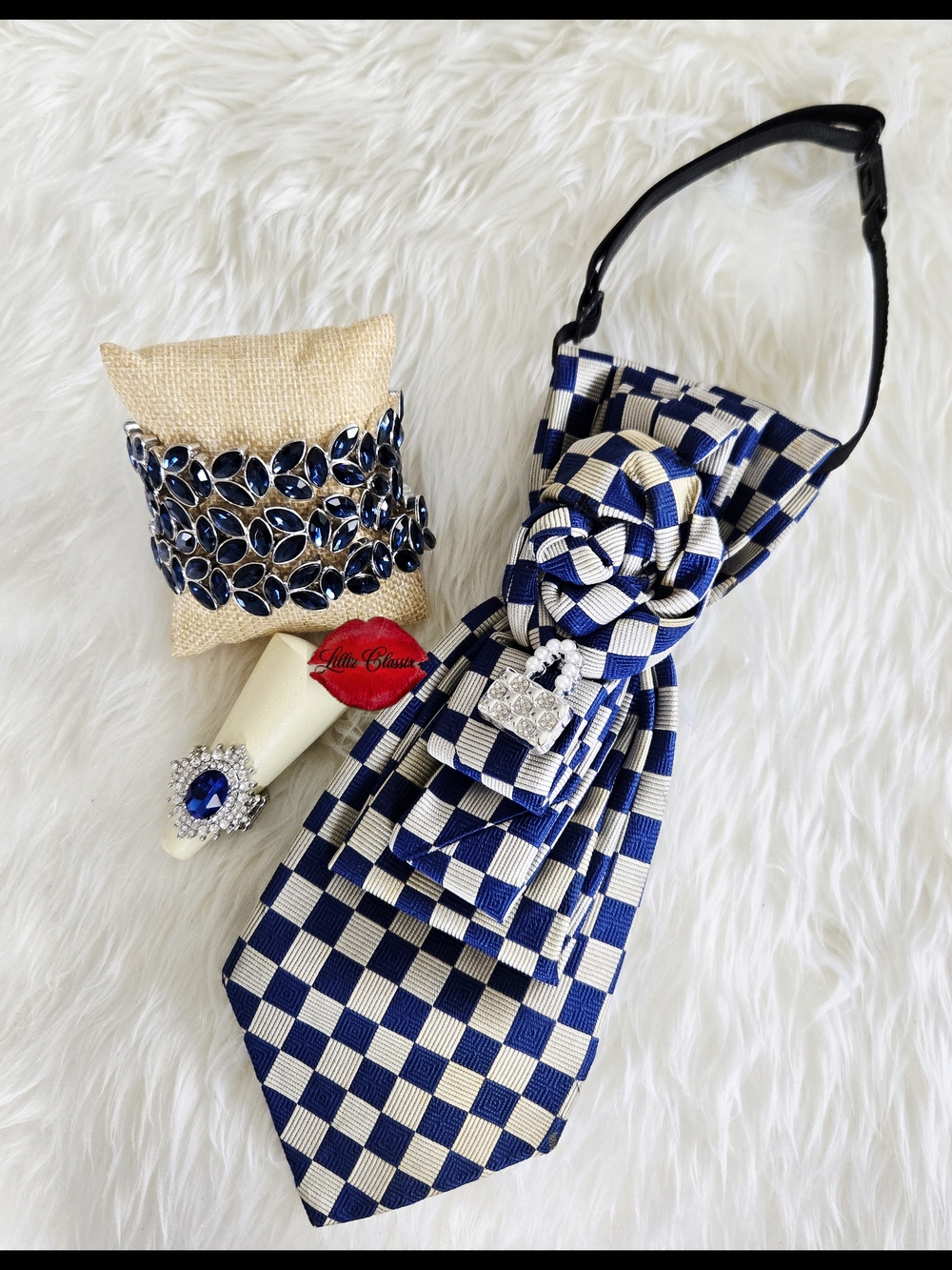 Navy & White Checkered Ribbon Necklace with Crystal Accent